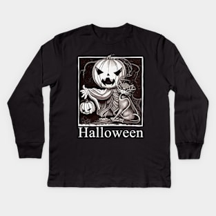 Pumpkin face scary with skeleton cat, cute Halloween in dark atmosphere Kids Long Sleeve T-Shirt